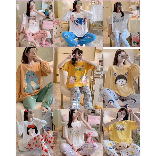 đồ bộ mặc nhà nữ dễ thương thun in hoạt hình cho nữ ulzzang đồ bộ ống rộng dán suông( có sẵn)