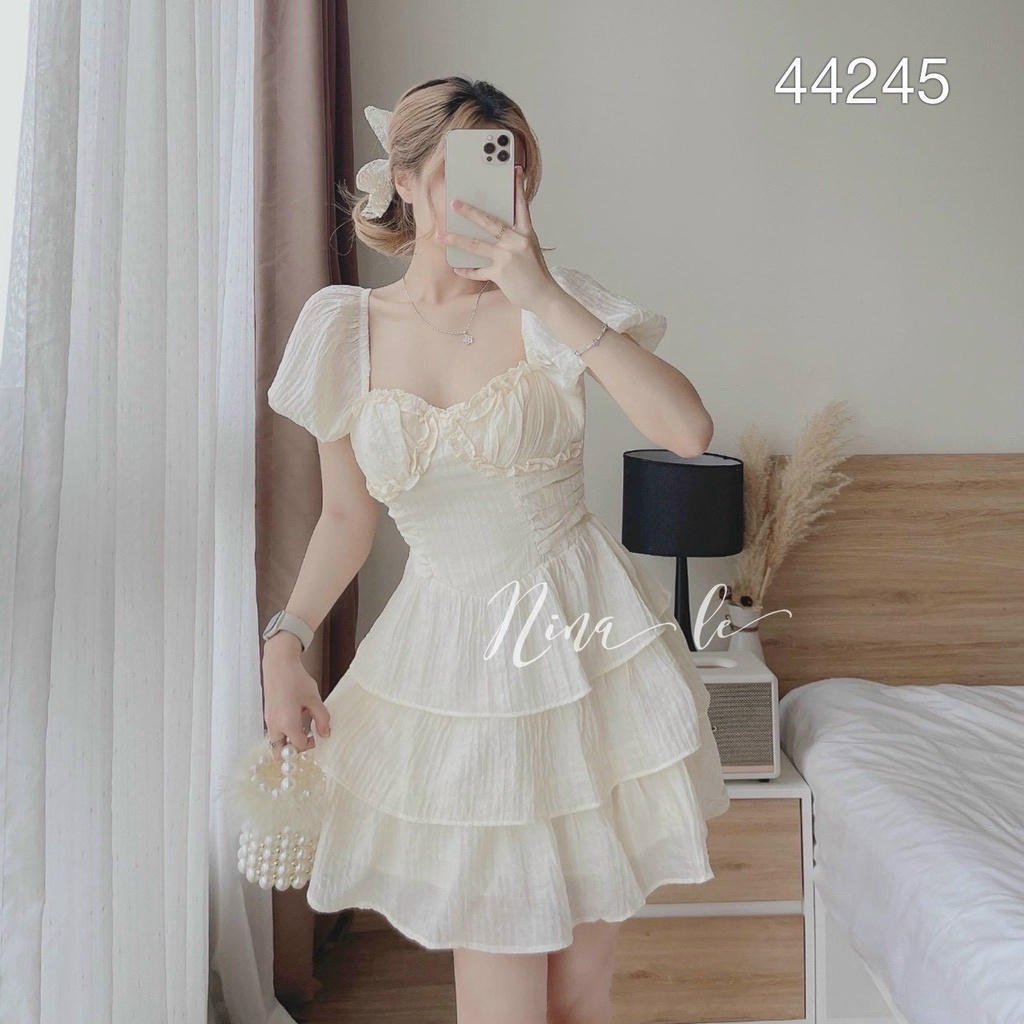 Đầm váy nữ xòe công chúa xếp tầng dễ thương họa tiết bèo 3 màu tôn dáng trẻ trung sang trọng thanh lịch siêu xinh