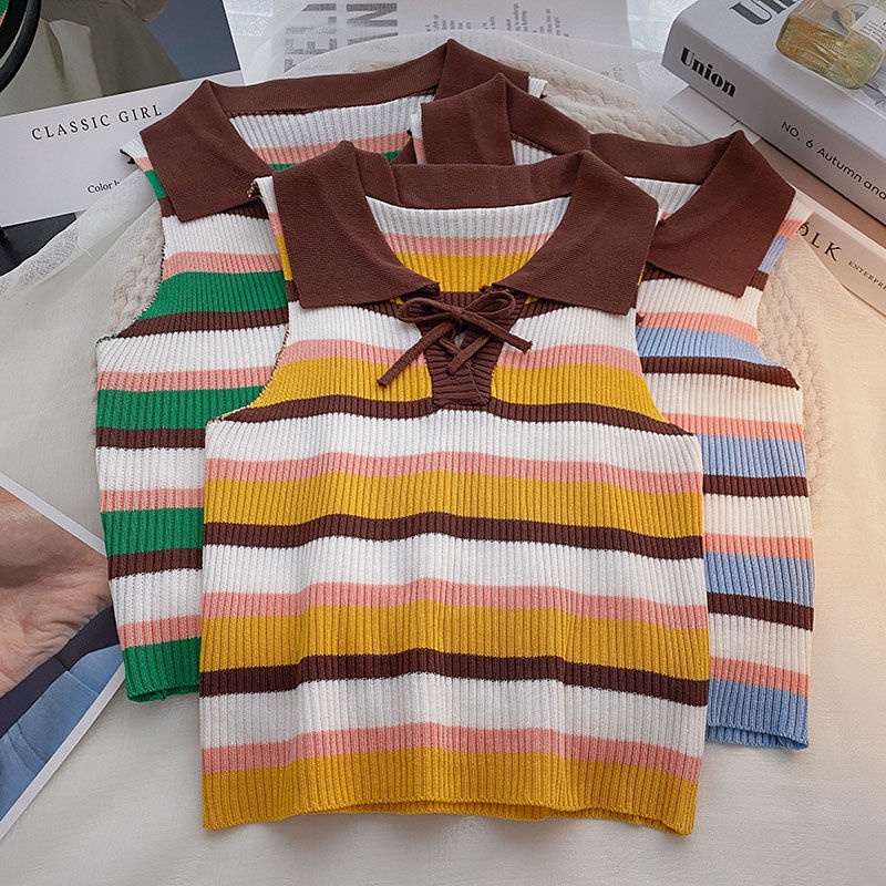 Áo Cổ Polo Họa Tiết Kẻ Sọc Màu Sắc Tương Phản Thời Trang Mùa Hè Cho Nữ