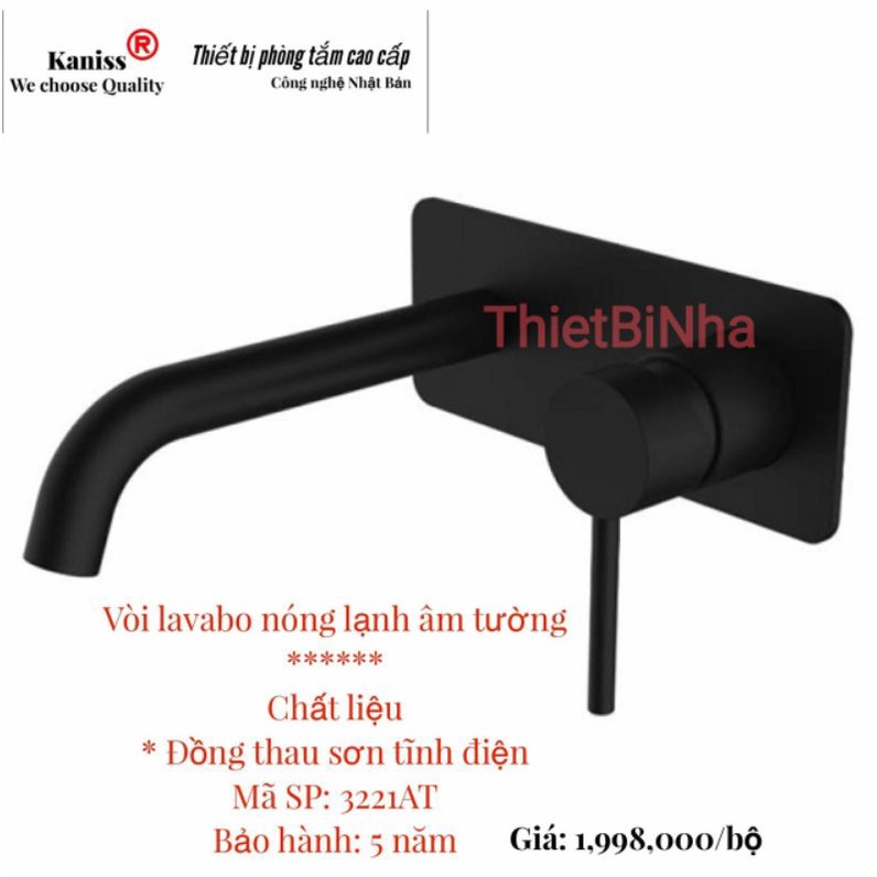 Vòi Lavabo Nóng Lạnh Âm Tường Đồng Thau sơn tĩnh điện màu đen KANISS, bảo hành chính hãng 05 năm