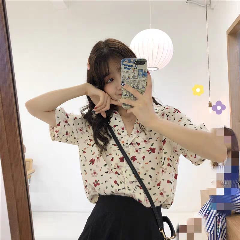 Áo Chiffon Tay Ngắn Cổ Chữ V In Họa Tiết Thời Trang Retro 2021 Cho Nữ