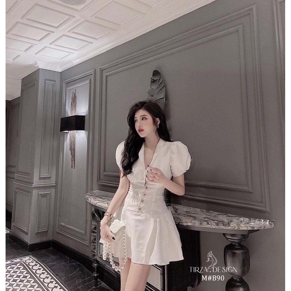 Váy tiểu thư tay bồng dáng xòe dự tiệc 2 mầu trắng đen Đầm nữ dáng ngắn cổ V sexy gợi cảm Freesize dưới 55kg FREESHIP
