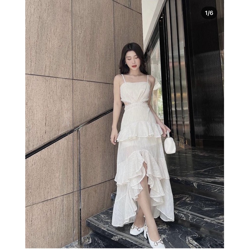 Váy dạo phố hai dây khoét eo phối ren chất xô mịn đầm midi dáng dài xinh xắn