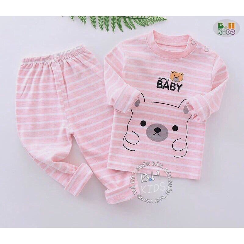 Bộ Áo Thun Lạnh Dài Tay Kẻ Ngang Hoạ Tiết Hình Gấu Cho Bé Trai, Bé Gái- 5 màu