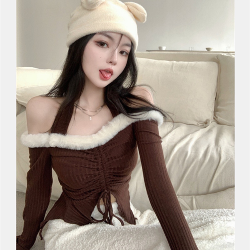 Áo trễ vai phối lông thời trang thu đông quyến rũ cho nữ