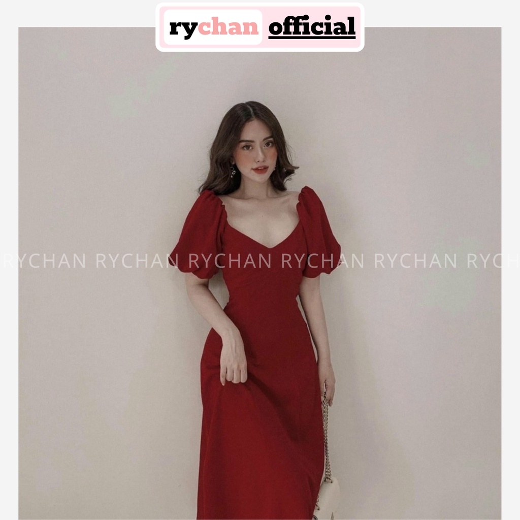 Đầm Đỏ Dự Tiệc Nữ Dáng Dài Cổ Tim Tay Phồng Bo Eo Cực Tôn Da [ẢNH THẬT CUỐI] - DX9742