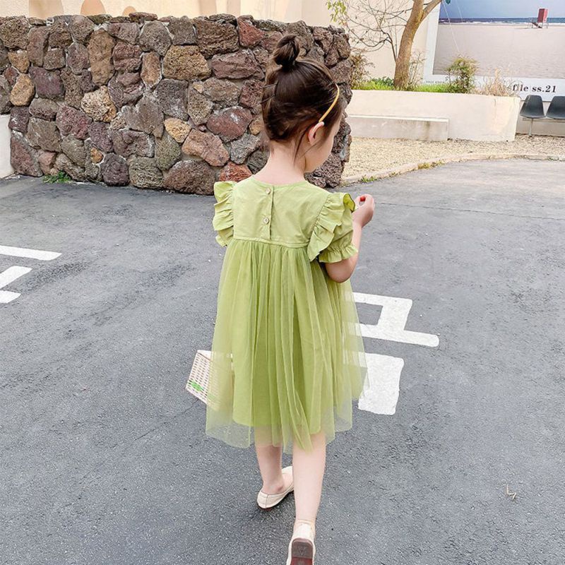 Đầm Công Chúa Tay Ngắn Phối Lưới Màu Trơn Thời Trang Mùa Hè Se7en Cho Bé Gái