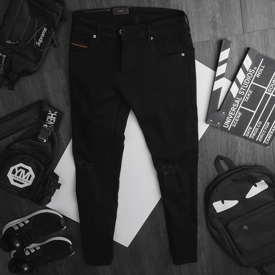 [bigsize < 130kg] quần jean nam rách 2 gối bigsize màu đen ống đứng | BigBuy360 - bigbuy360.vn