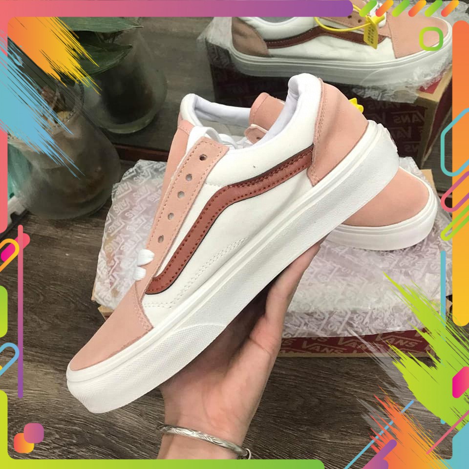 (Ảnh thật) Giày vans trắng hồng sọc mận - Free Ship