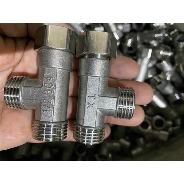 Nối Cút vuông inox, Tê chia nhánh Inox nối ống ren trong ren ngoài 1/2 phi 21