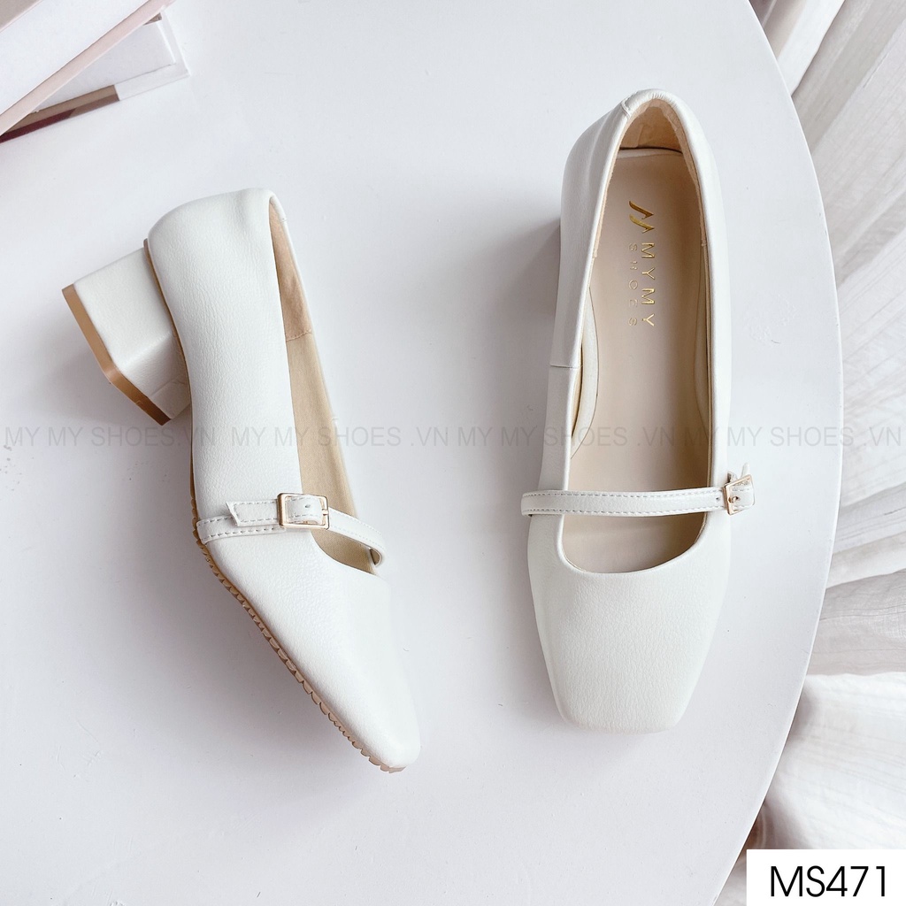 MS471VN Giầy da phủ bóng mũi vuông pha dây chốt cài gót vuông 4p