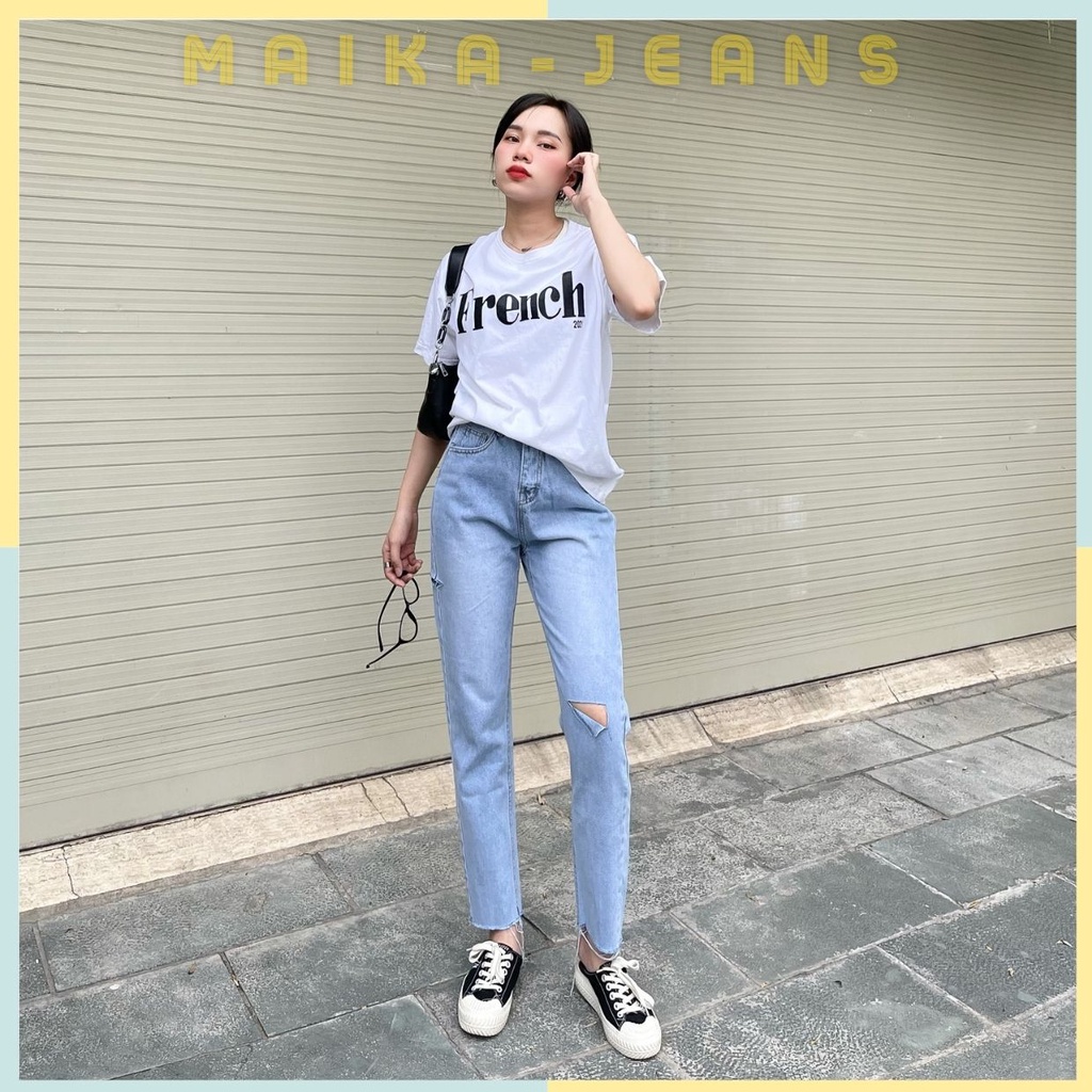 (Freeship) Quần Jeans Nữ Baggy Cạp Cao Siêu Tôn Dáng Rách Hông Và Đùi Lai Quân Cắt Gấu (Hình thật shop chụp)