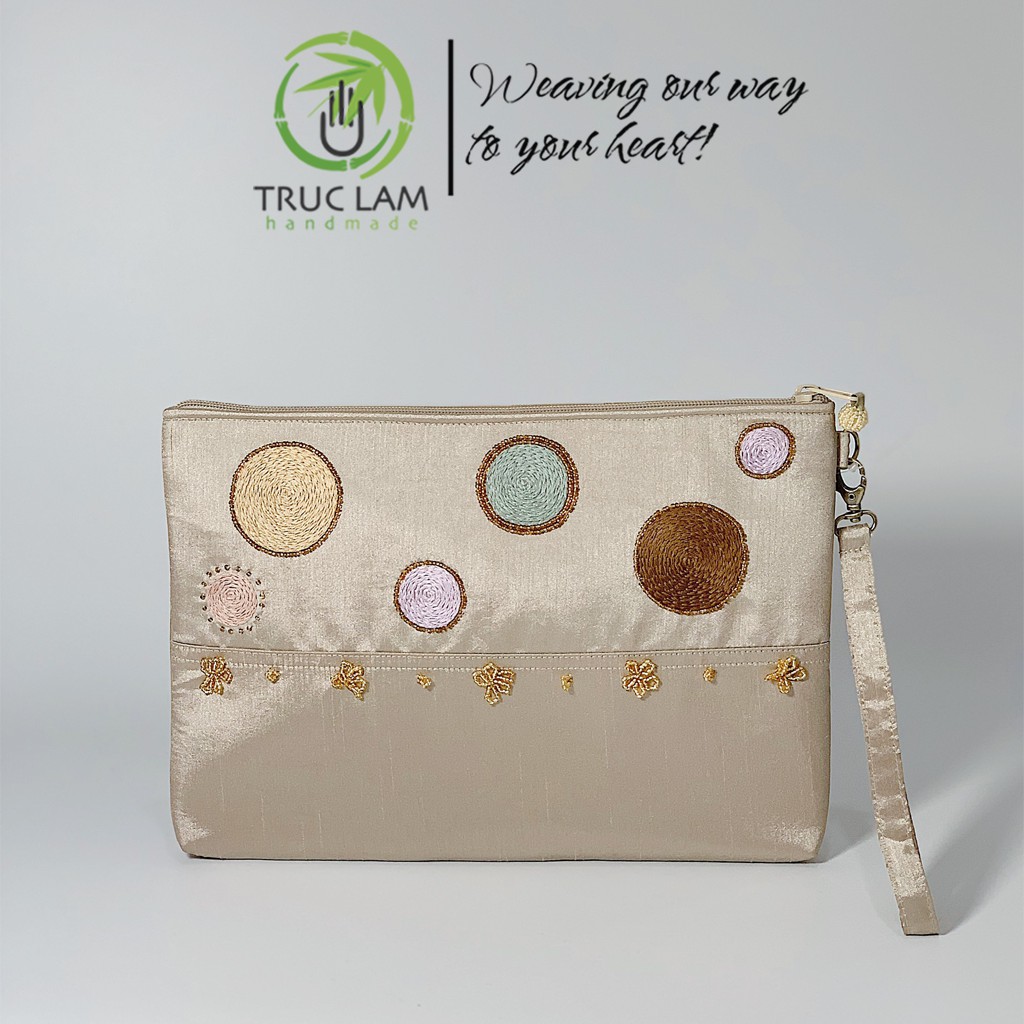 Ví Cầm Tay Đựng Ipad Clutch Vải Tafta Thêu Vòng Tròn Hạt Cườm Thủ Công Cỡ Lớn - Trúc Lâm Handmade
