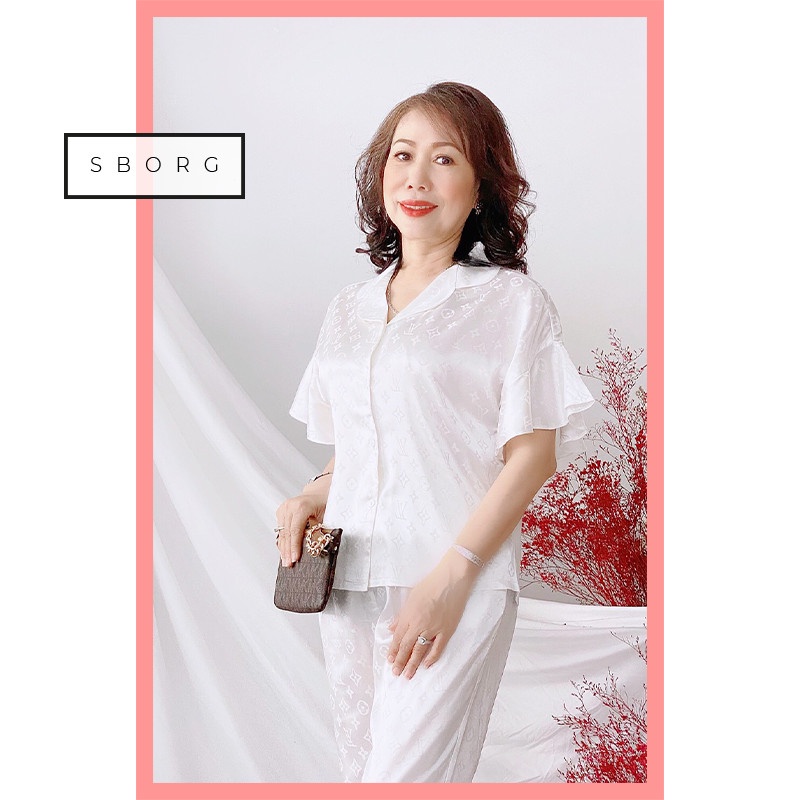 Đồ bộ trung niên SBORG bộ lụa gấm họa tiết cao cấp áo tay bèo quần dài có túi freesize dưới 55kg quà tặng mẹ