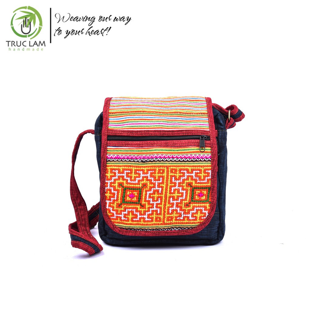 Túi Đeo Chéo Thời Trang Vải Gai Dày Phối Vải Thổ Cẩm Thêu Tay - Trúc Lâm Handmade