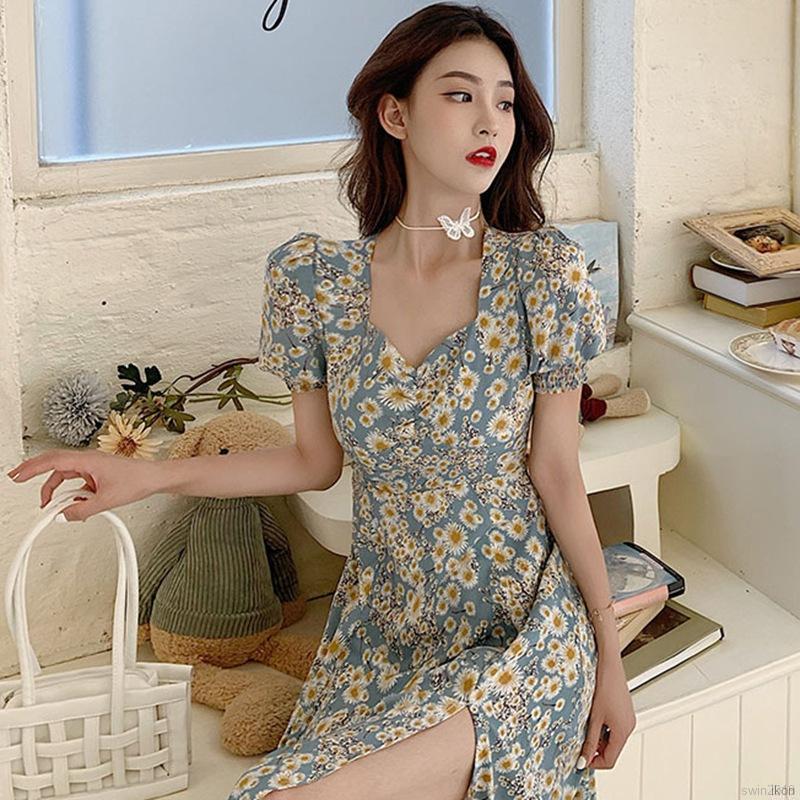 Đầm hoa tay phồng xinh xắn/ Đôi bông tai dành cho nữ