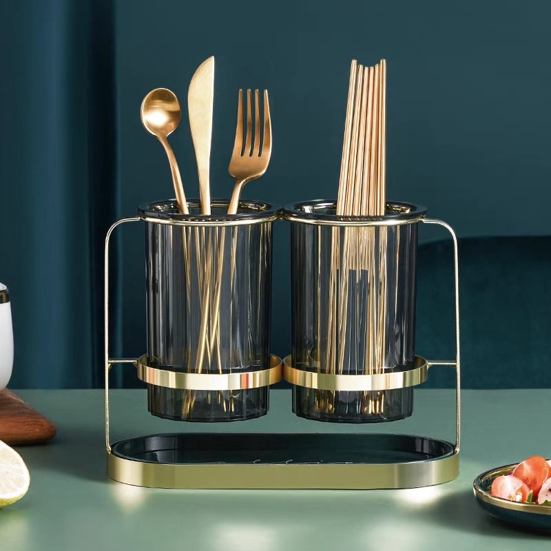 Ống đũa, muỗng Decor phong cách Bắc Âu kèm khay hứng nước | Giá, kệ, ống cắm đũa trang trí nhà bếp mạ vàng không hoen gỉ