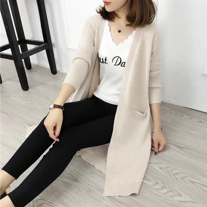 Áo khoác len cardigan dáng dài có túi len mịn phong cách HQ -4basic