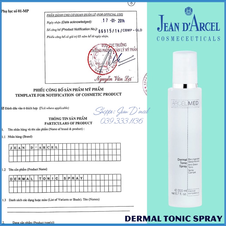 [CHÍNH HÃNG] Xịt khoáng Jean D arcel giúp làm dịu da - Dermal tonic spray 200ml