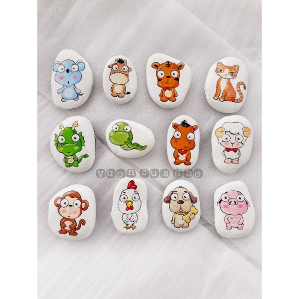 Bộ 12 con giáp cute trên đá cuội vẽ tay chibi