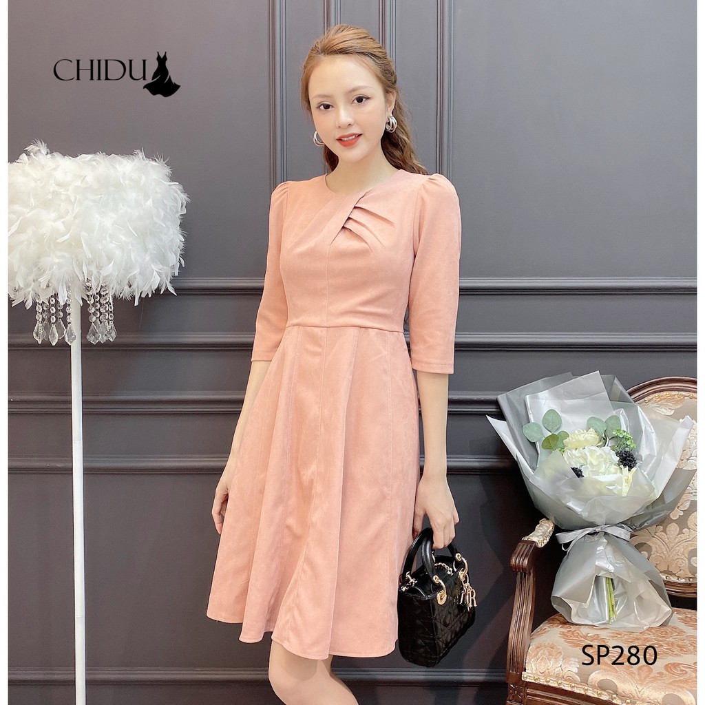 CHIDU Đầm nhung tăm cổ xoắn dáng xoè, đầm công sở dự tiệc nữ tính SP280