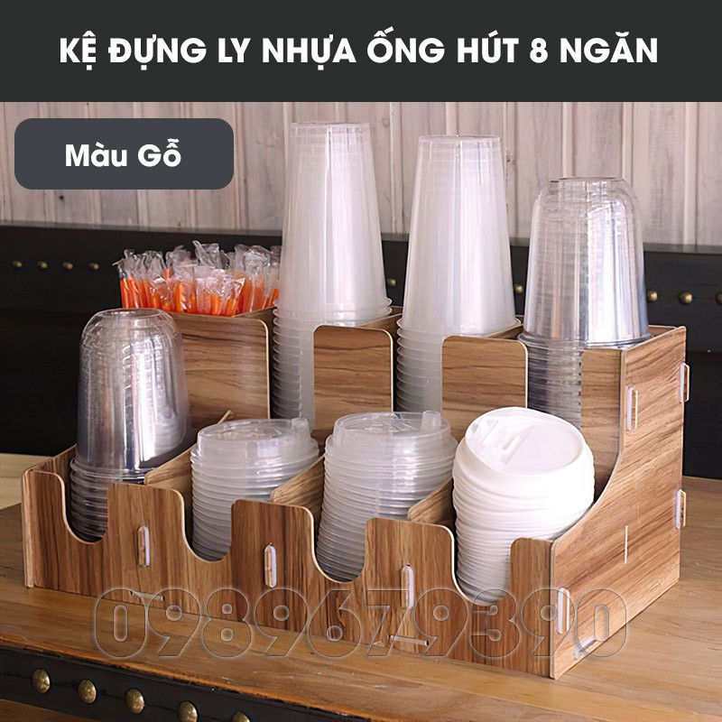 Kệ Đựng Ly Nhựa Ống Hút - 8 Ngăn Gỗ Nhựa Không Thấm Nước