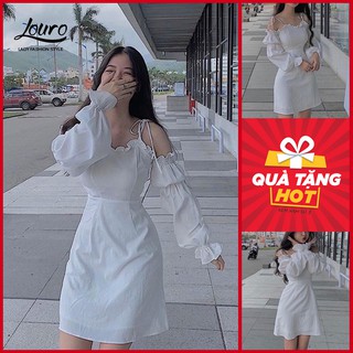 Váy bánh bèo trễ vai tay bồng Polla P017, CÓ MÚT NGỰC hai dây vai thắt nơ xinh yêu, điệu đà