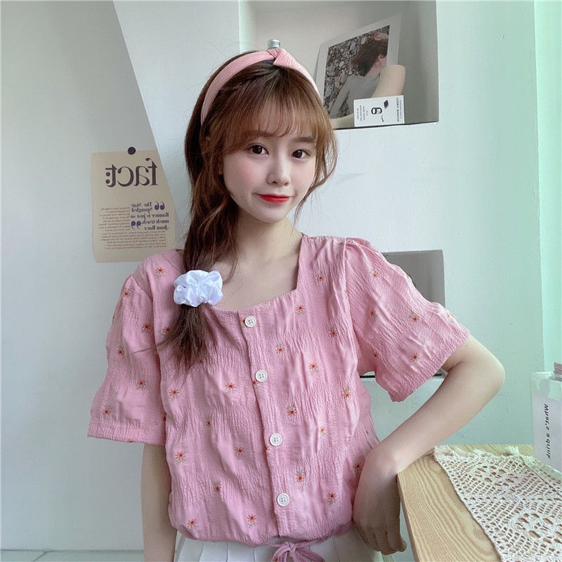 Áo Sơ Mi Ngắn Tay Cổ Vuông Họa Tiết Hoa Mẫu Mới 2022 Thời Trang Mùa Hè Cho Nữ