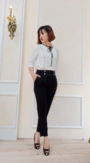 Áo sơ mi cổ tim dựng dây nơ