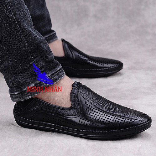 Giày rọ nam da bò cao cấp nguyên tấm Slipons đế khâu mùa hè đục lỗ thoáng khí Men’s Summer Shoes H-5 màu đen