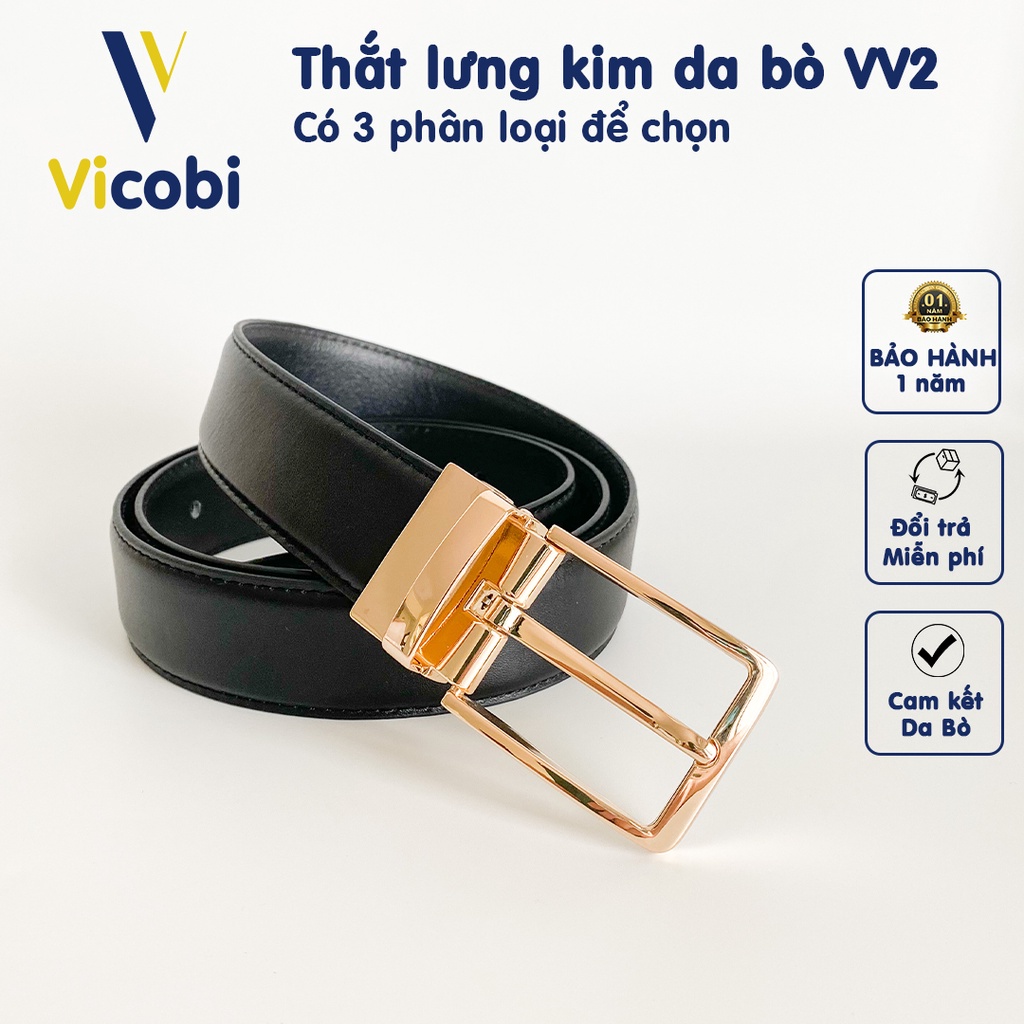 Thắt lưng nam Da Bò Vicobi VV2, dây lưng khóa kim VÀNG VUÔNG, sản xuất tại Việt Nam