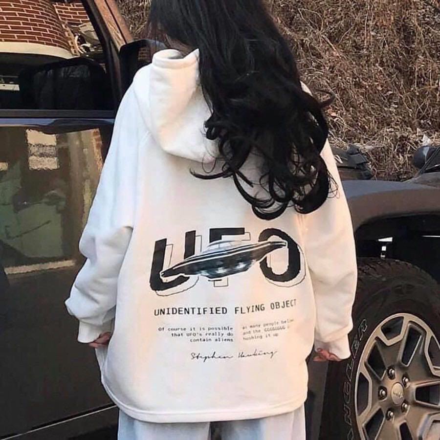 ÁO HOODIE NỈ NGOẠI UFO ĐEN TRẮNG OVERSIZE - ÁO NỈ MŨ TÀU BAY VŨ TRỤ 2 MÀU ULZZANG