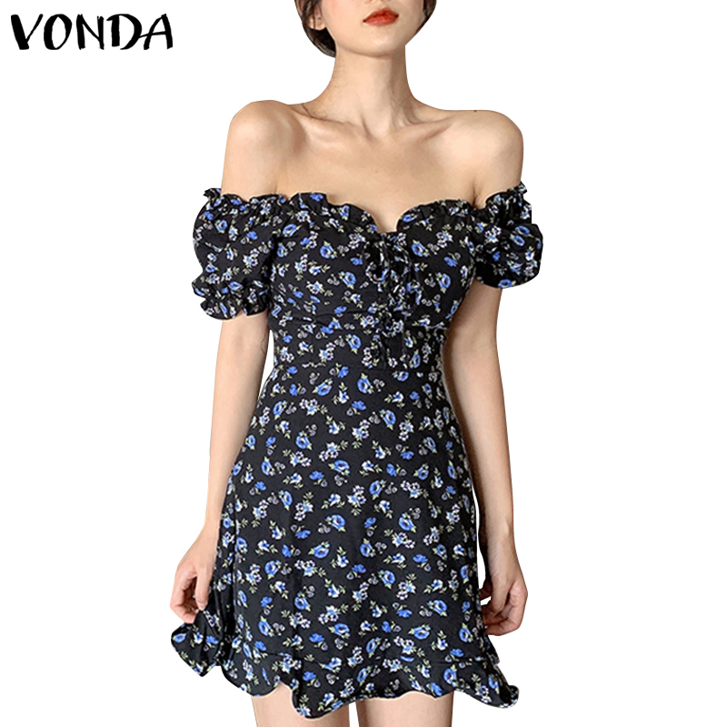 Đầm Mini VONDA In Hoa Phối Bèo Cổ Vuông Ngắn Tay Phong Cách Hàn Quốc Thời Trang Mùa Hè Cho Nữ