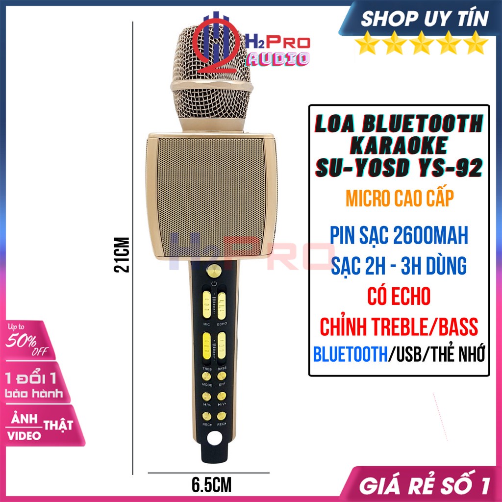 Micro Bluetooth Karaoke, Mic Loa Bluetooth SU-YOSD YS-92 Cao Cấp Âm Bass Ấm, Bắt Giọng Cực Tốt - H2Pro Audio