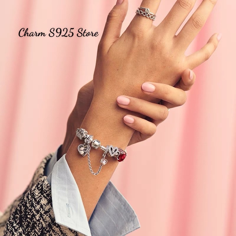 charm pan tim treo tạ hồng bạc s925 cao cấp