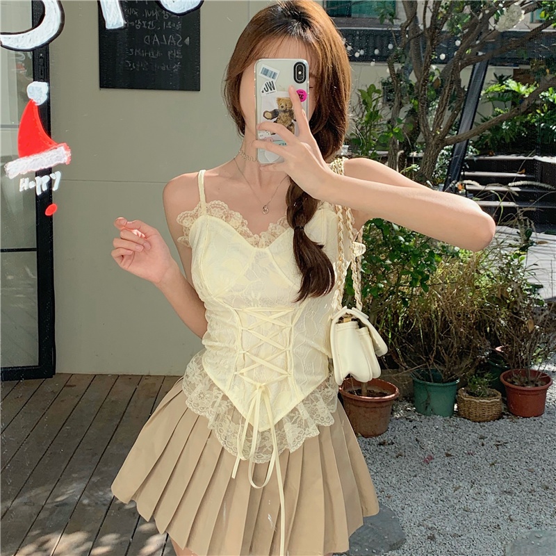 Áo Hai Dây Ngắn Phối Ren Quyến Rũ Thời Trang Mùa Hè Cho Nữ