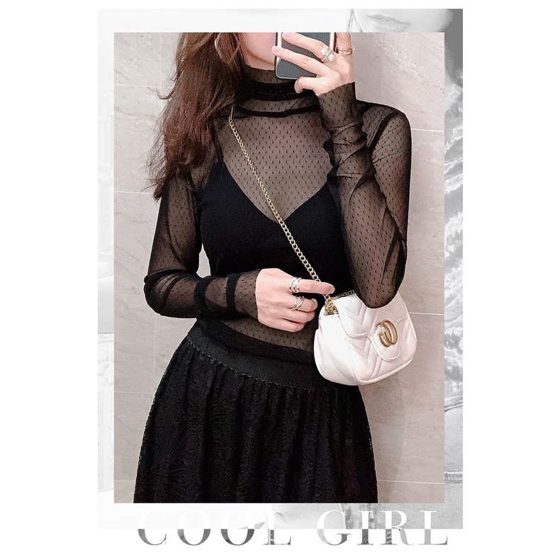 Áo phối lưới trong suốt cổ cao dáng ôm thời trang quyến rũ tùy chọn màu sắc dành cho nữ