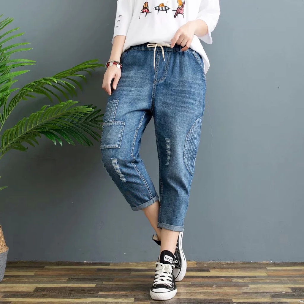 Quần jean lửng bagy nữ lưng thun bigsize M đến 3XL hoạ tiết đơn giản trẻ trung phong cách Nhật Bản AKira Store