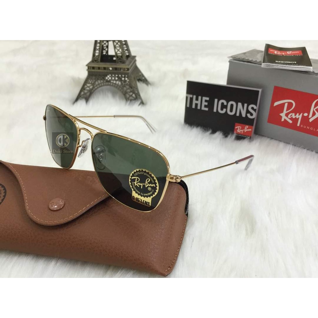Kính mát chính hãng Rayban Caravan RB3136 001 55 và RB3136 001 58 mắt vuông màu mắt green lense classic