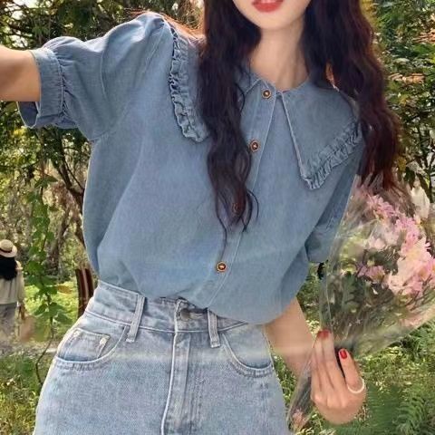 Áo Sơ Mi Tay Ngắn Cổ Búp Bê Chất Liệu Denim Phong Cách Harajuku Thời Trang Cho Nữ 2022