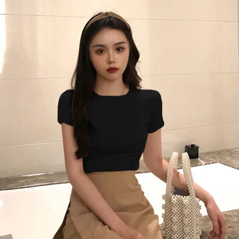 Áo Thun Nữ Ngắn Tay Màu Trơn Phong Cách Hàn Quốc