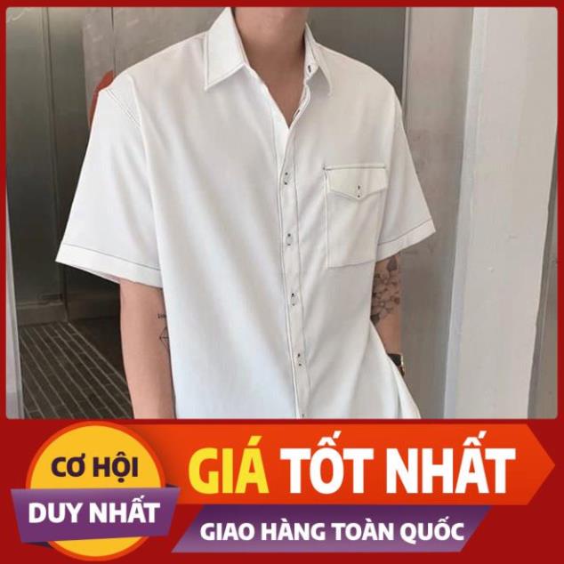 Áo sơ mi tay ngắn trắng đen Viền Chỉ, Cổ Vest unisex nam nữ form rộng vải lụa túi hộp cao cấp năm 2020