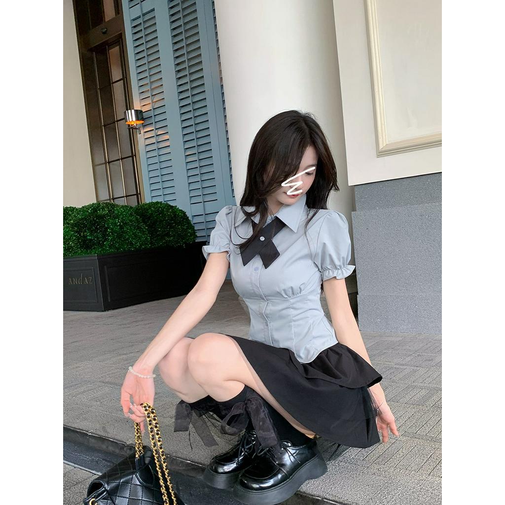 Bộ Đồng Phục Áo Sơ Mi Phối Chân Váy Eo Cao Buộc Dây Kiểu Nhật Bản Thời Trang Mùa Hè 63137