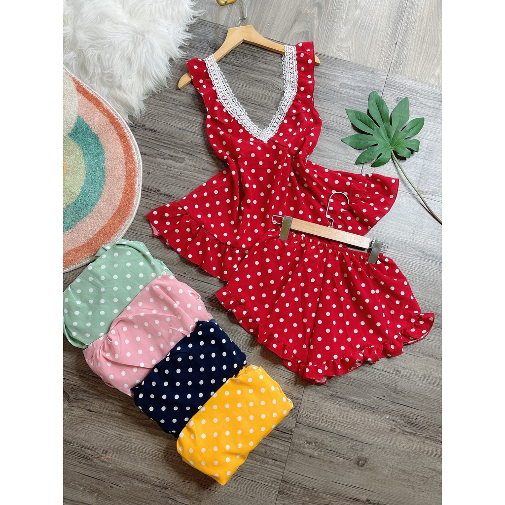ĐỒ NGỦ SEXY HAI DÂY CHẤM BI PHỐI REN ĐẸP-HÀNG ĐẸP, VẢI LỤA-ĐỒ BỘ NỮ MẶC Ở NHÀ