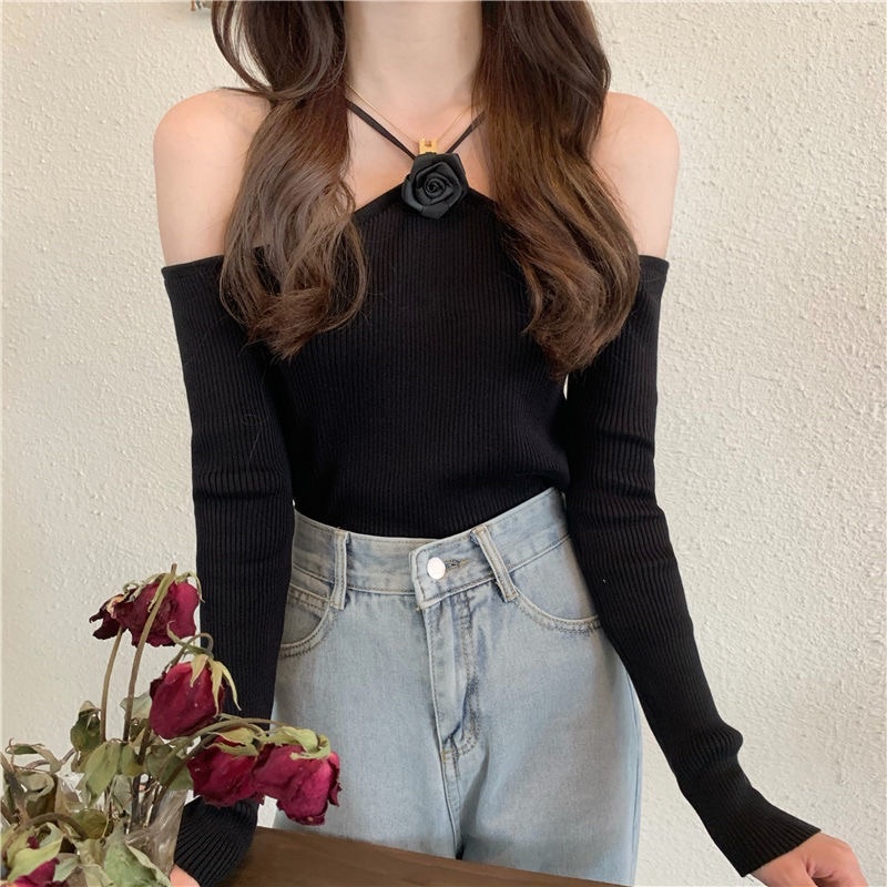 Áo len nữa kiểu trễ vai 2 dây phối nơ freesize