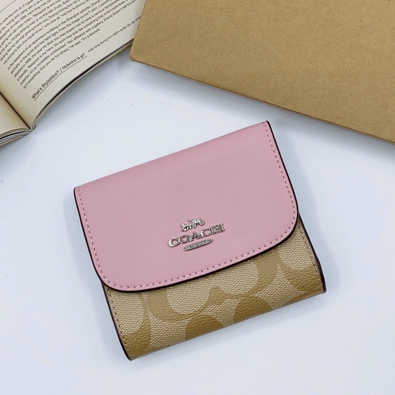 Ví Coach mini da thật pha canvas dáng gấp 3 nhỏ gọn