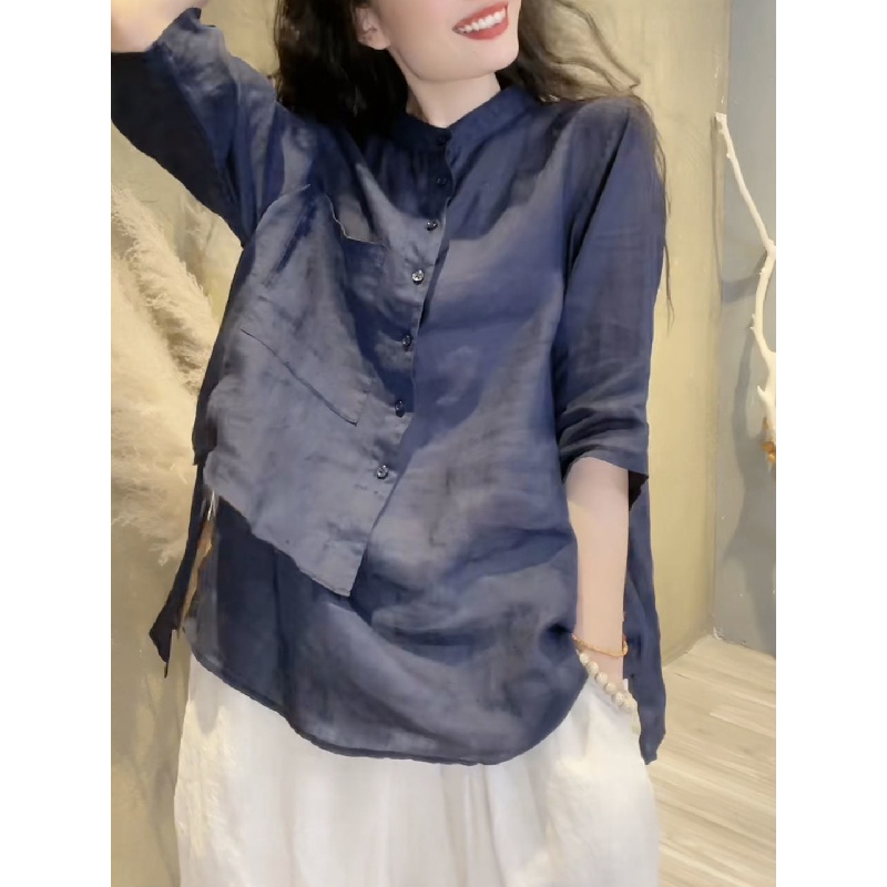 Áo Sơ Mi Vải Lanh Cotton Mỏng Dáng Rộng Tay Lỡ 2 Thiết Kế Kiểu Retro Cho Nữ