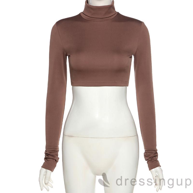 Áo Tay Dài Cổ Cao Màu Trơn Cá Tính Cho Nữ