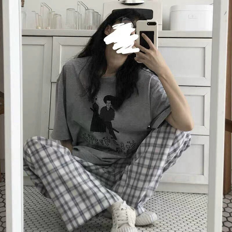 [AMANDA] Set bộ quần kẻ caro kèm áo xám form thụng tay lỡ, set đồ bộ giá rẻ đi học đi chơi | BigBuy360 - bigbuy360.vn