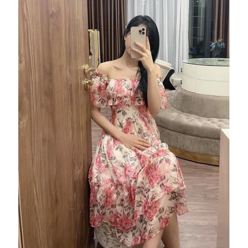 Váy tơ hoa trễ vai